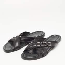 Louis Vuitton Black Leather and Canvas Criss Cross Slides Size 44