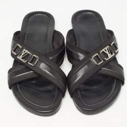 Louis Vuitton Black Leather and Canvas Criss Cross Slides Size 44