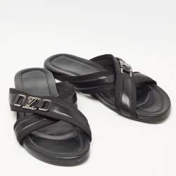 Louis Vuitton Black Leather and Canvas Criss Cross Slides Size 44