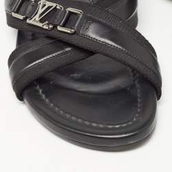 Louis Vuitton Black Leather and Canvas Criss Cross Slides Size 44