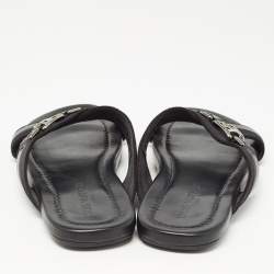 Louis Vuitton Black Leather and Canvas Criss Cross Slides Size 44
