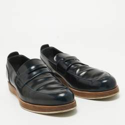 Louis Vuitton Navy Blue Perforated Leather Penny Loafers Size 42