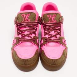 Pre Owned Louis Vuitton Neon Pink/Brown Monogram Leather and Canvas LV Trainer Sneakers Size 41