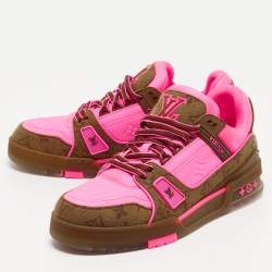 Pre Owned Louis Vuitton Neon Pink/Brown Monogram Leather and Canvas LV Trainer Sneakers Size 41