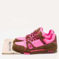 Pre Owned Louis Vuitton Neon Pink/Brown Monogram Leather and Canvas LV Trainer Sneakers Size 41