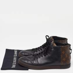 Pre Owned Louis Vuitton Black/Brown Leather and Monogram Canvas High Top Sneakers Size 43