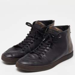 Pre Owned Louis Vuitton Black/Brown Leather and Monogram Canvas High Top Sneakers Size 43