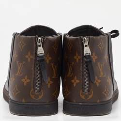 Pre Owned Louis Vuitton Black/Brown Leather and Monogram Canvas High Top Sneakers Size 43
