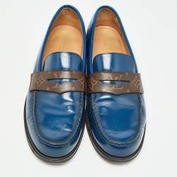 Louis Vuitton Navy Blue Leather and Monogram Canvas Penny Loafers Size 42