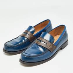 Louis Vuitton Navy Blue Leather and Monogram Canvas Penny Loafers Size 42