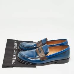 Louis Vuitton Navy Blue Leather and Monogram Canvas Penny Loafers Size 42