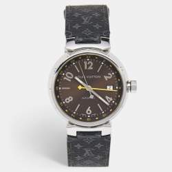 Louis Vuitton Brown Stainless Steel Leather Tambour GMT Q1131 Men's Wristwatch 39 mm
