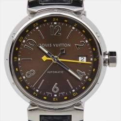Louis Vuitton Brown Stainless Steel Leather Tambour GMT Q1131 Men's Wristwatch 39 mm