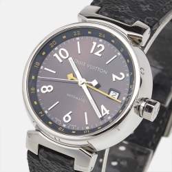 Louis Vuitton Brown Stainless Steel Leather Tambour GMT Q1131 Men's Wristwatch 39 mm