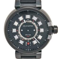 Louis Vuitton Black PVD Plated Stainless Steel Alligator Tambour Spin GMT Q10C3 Men's Wristwatch 44 mm