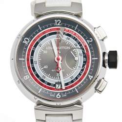 Louis Vuitton Grey Stainless Steel Rubber Tambour Voyagez II Q102C Men's Wristwatch 44 mm