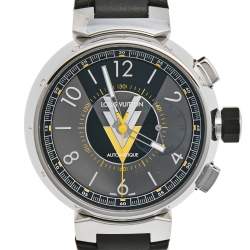 Louis Vuitton Grey Stainless Steel Leather Tambour VVV Chronograph Q1A60 Men's Wristwatch 44 mm