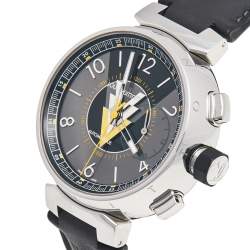Louis Vuitton Grey Stainless Steel Leather Tambour VVV Chronograph Q1A60 Men's Wristwatch 44 mm