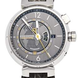 Louis Vuitton Grey Stainless Steel Alligator Tambour World Time Q1055 Men's Wristwatch 44 mm