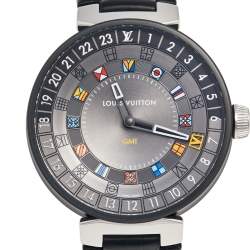 Louis Vuitton Grey PVD Coated Stainless Steel Alligator Moon Dual Time QA097 Men's Wristwatch 44 mm