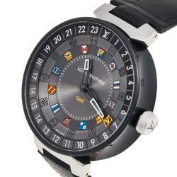 Louis Vuitton Grey PVD Coated Stainless Steel Alligator Moon Dual Time QA097 Men's Wristwatch 44 mm