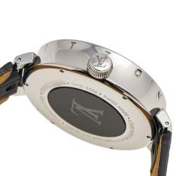 Louis Vuitton Silver Stainless Steel Alligator Tambour Moon Dual Time QA096 Men's Wristwatch 44 mm