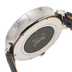 Louis Vuitton Silver Stainless Steel Alligator Tambour Moon Dual Time QA096 Men's Wristwatch 44 mm