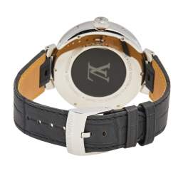 Louis Vuitton Silver Stainless Steel Alligator Tambour Moon Dual Time QA096 Men's Wristwatch 44 mm