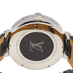 Louis Vuitton Silver Stainless Steel Alligator Tambour Moon Dual Time QA096 Men's Wristwatch 44 mm