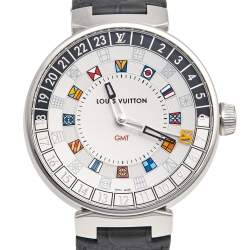 Louis Vuitton Silver Stainless Steel Alligator Tambour Moon Dual Time QA096 Men's Wristwatch 44 mm