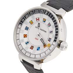 Louis Vuitton Silver Stainless Steel Alligator Tambour Moon Dual Time QA096 Men's Wristwatch 44 mm