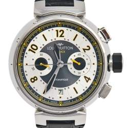 Louis Vuitton Silver Stainless Steel Alligator Tambour Flyback Q1028 Men's Wristwatch 44 mm