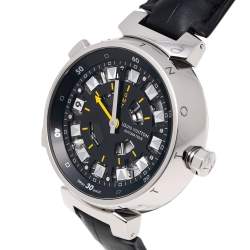 Louis Vuitton Black 18K White Gold Alligator Tambour Spin GMT Q10C3 Men's Wristwatch 44 mm