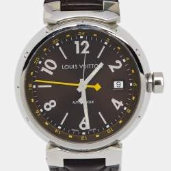 Louis Vuitton Brown Stainless Steel Alligator Tambour GMT Q1131 Men's Wristwatch 39 mm