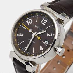 Louis Vuitton Brown Stainless Steel Alligator Tambour GMT Q1131 Men's Wristwatch 39 mm