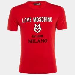 Pre Owned Love Moschino Red Logo Print Cotton Crew Neck T-Shirt M