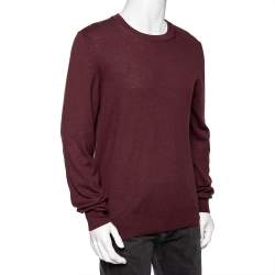 Pre Owned Maison Martin Margiela Burgundy Knit Suede Patch Detailed Jumper L