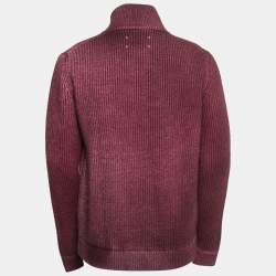 Pre Owned Maison Martin Margiela Burgundy Rib Knit Wool Zip Font Cardigan L