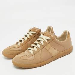 Pre Owned Maison Martin Margiela Beige Leather and Suede Replica Lace Up Sneakers Size 42.5