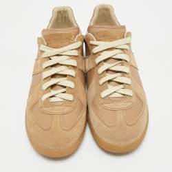 Pre Owned Maison Martin Margiela Beige Leather and Suede Replica Lace Up Sneakers Size 42.5