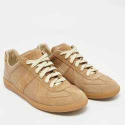 Pre Owned Maison Martin Margiela Beige Leather and Suede Replica Lace Up Sneakers Size 42.5