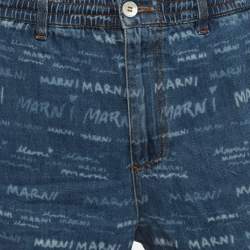 Pre Owned Marni Blue Logo Print Denim Drawstring Shorts M