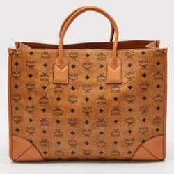 MCM Cognac Visetos Coated Canvas X-Large Muchen Tote