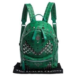 MCM Green Coated Canvas and Leather Large Studs Stark Backpack