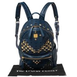 MCM Blue Coated Canvas and Leather Large Studs Stark Backpack
