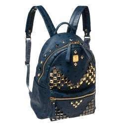 MCM Blue Coated Canvas and Leather Large Studs Stark Backpack
