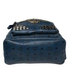 MCM Blue Coated Canvas and Leather Large Studs Stark Backpack