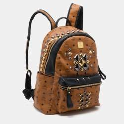 MCM Cognac/Black Visetos Coated Canvas and Leather Large Studded Stark Backpack