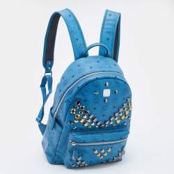 MCM Blue Visetos Coated Canvas and Leather Large Studs Stark Backpack