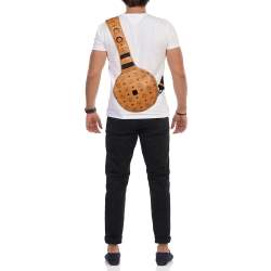 MCM Cognac Visetos Coated Canvas and Leather Round Sling Bag